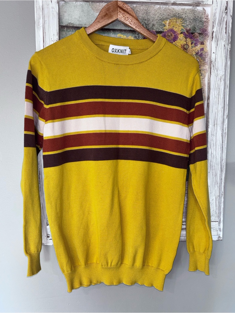 Vintage Oxknit Retro Sweater Gold Stripe Pullover Preppy 60s Medium